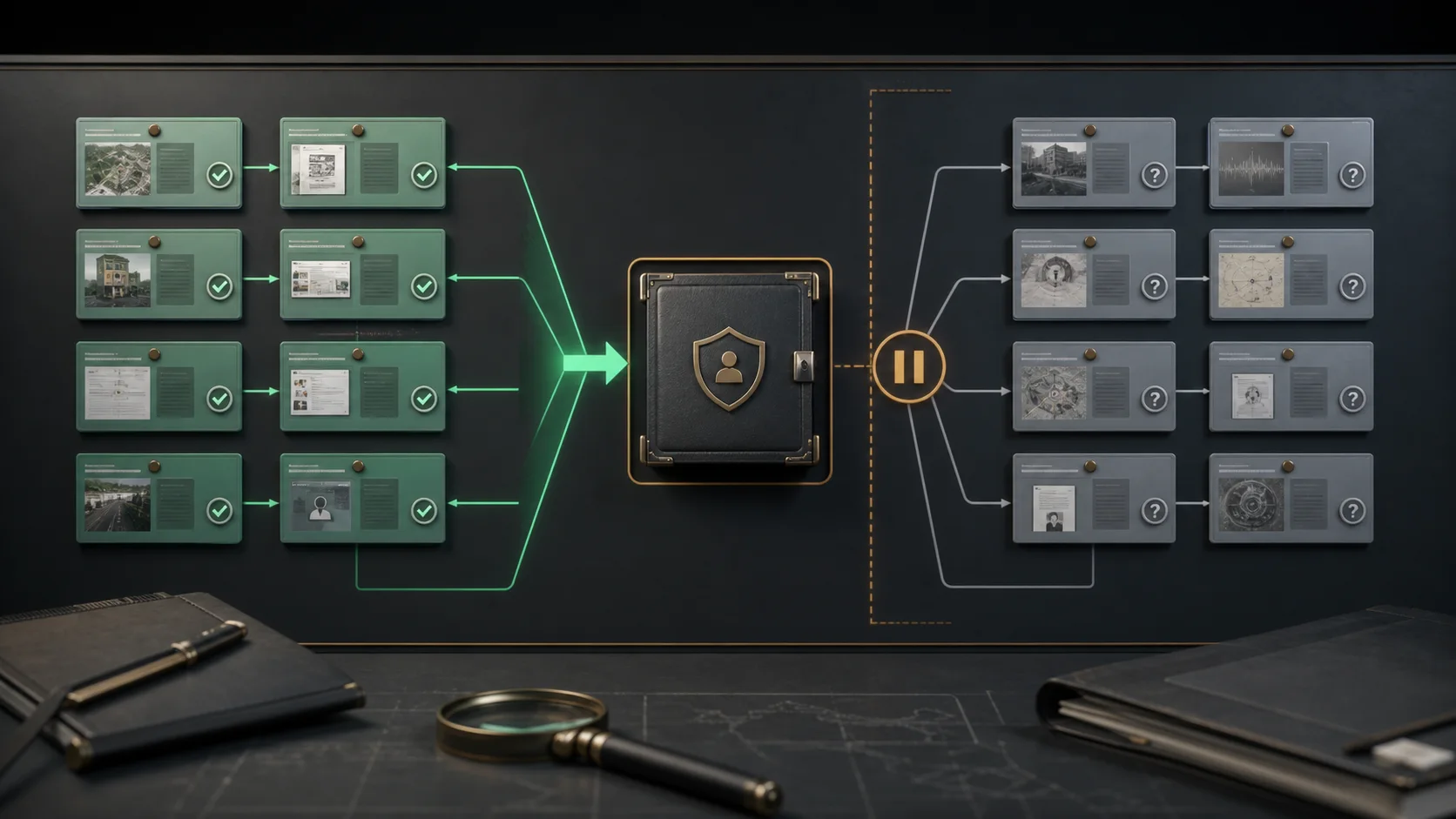 Conceptual OSINT incident evidence moving through secure escalation while uncertain items are paused