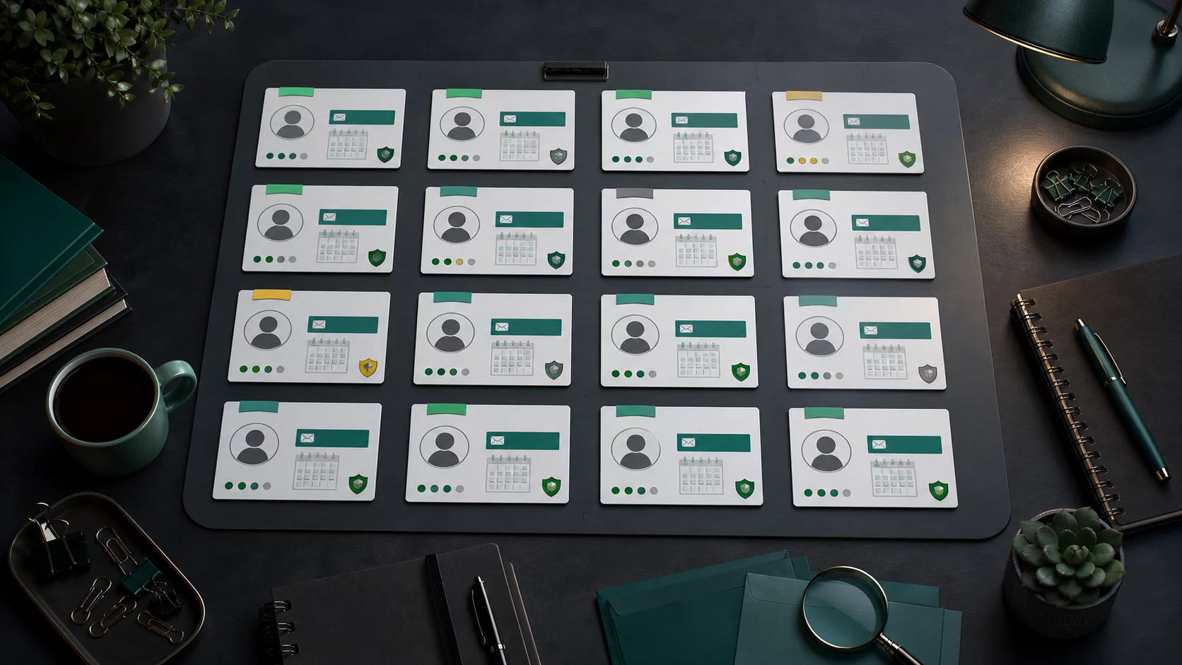 Conceptual account inventory with anonymous profile and email cards organized for a privacy review