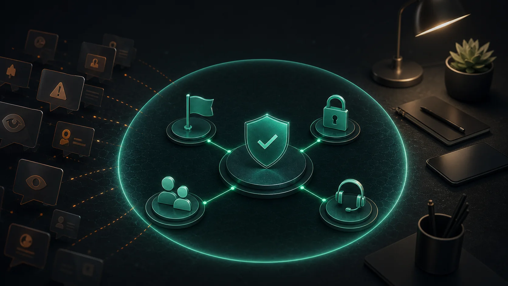 Conceptual online safety plan connecting account security, reporting, trusted contacts, and support