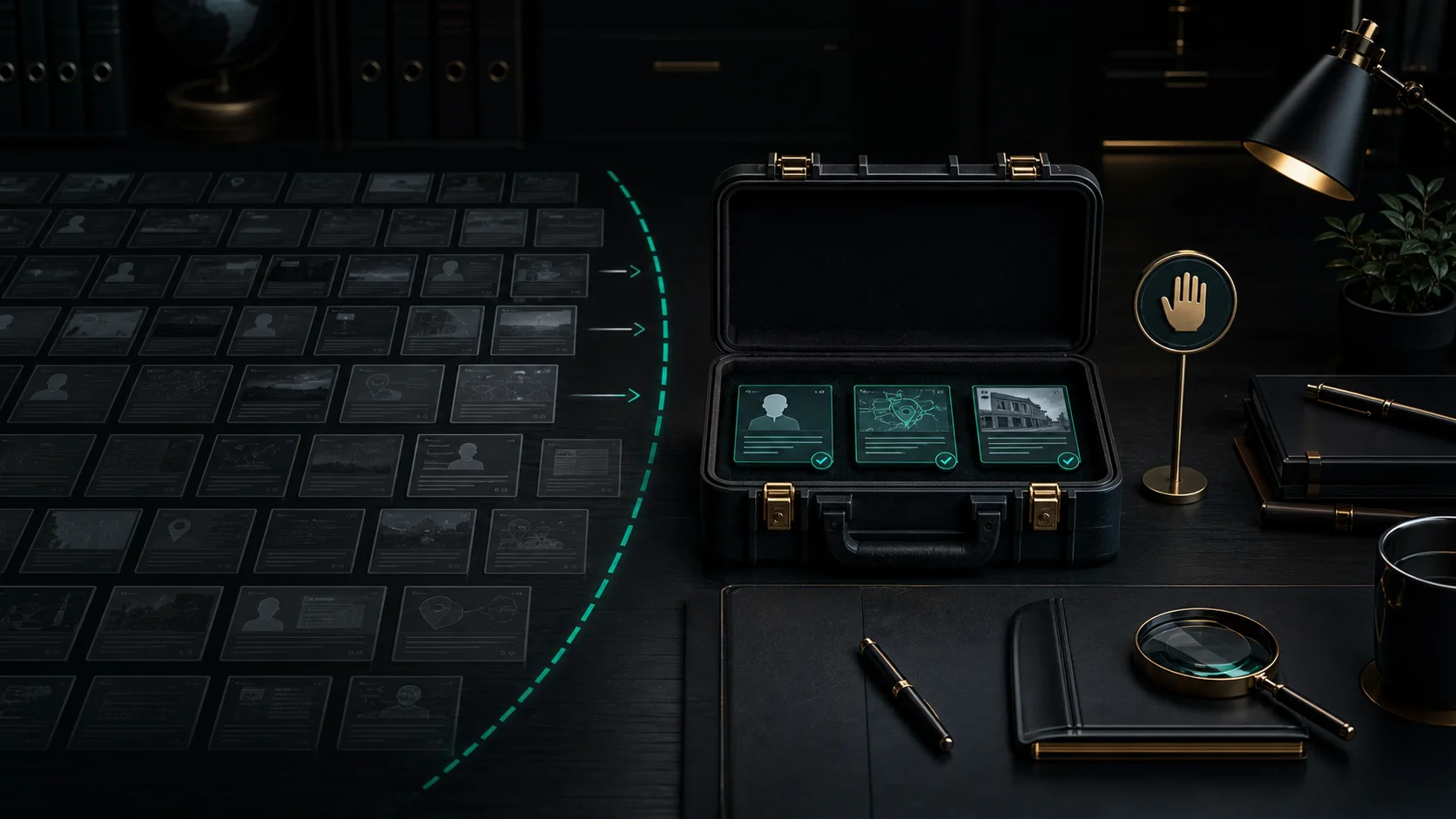 Conceptual illustration of selected OSINT evidence entering a secure case folder while unnecessary data is excluded