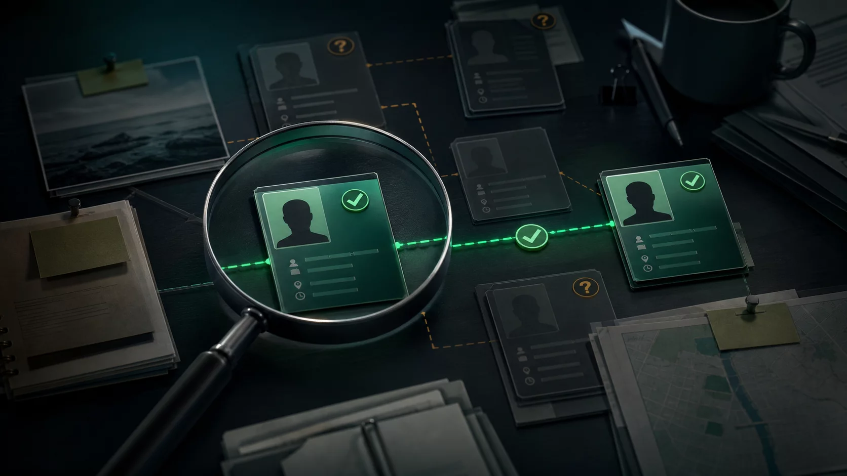Conceptual illustration of verifying public profile leads with independent sources and a magnifying glass