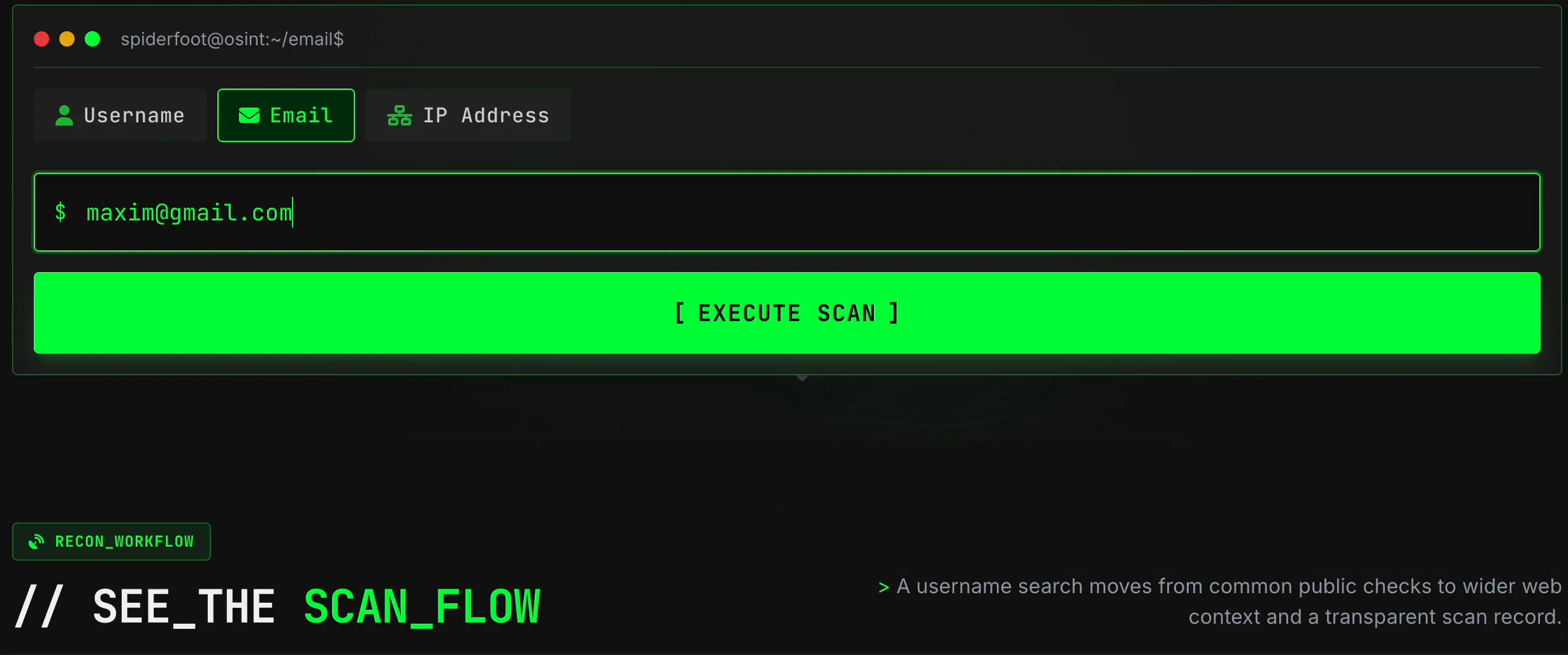 SpiderFoot.tools Email scanner with a complete demonstration email address ready for Execute Scan