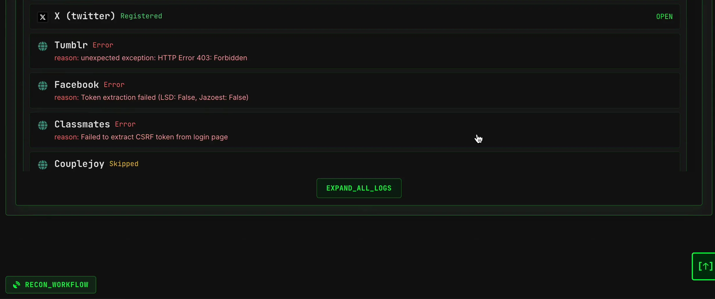 SpiderFoot.tools email Scan Log Stream showing Registered, Error and Skipped source states with failure reasons