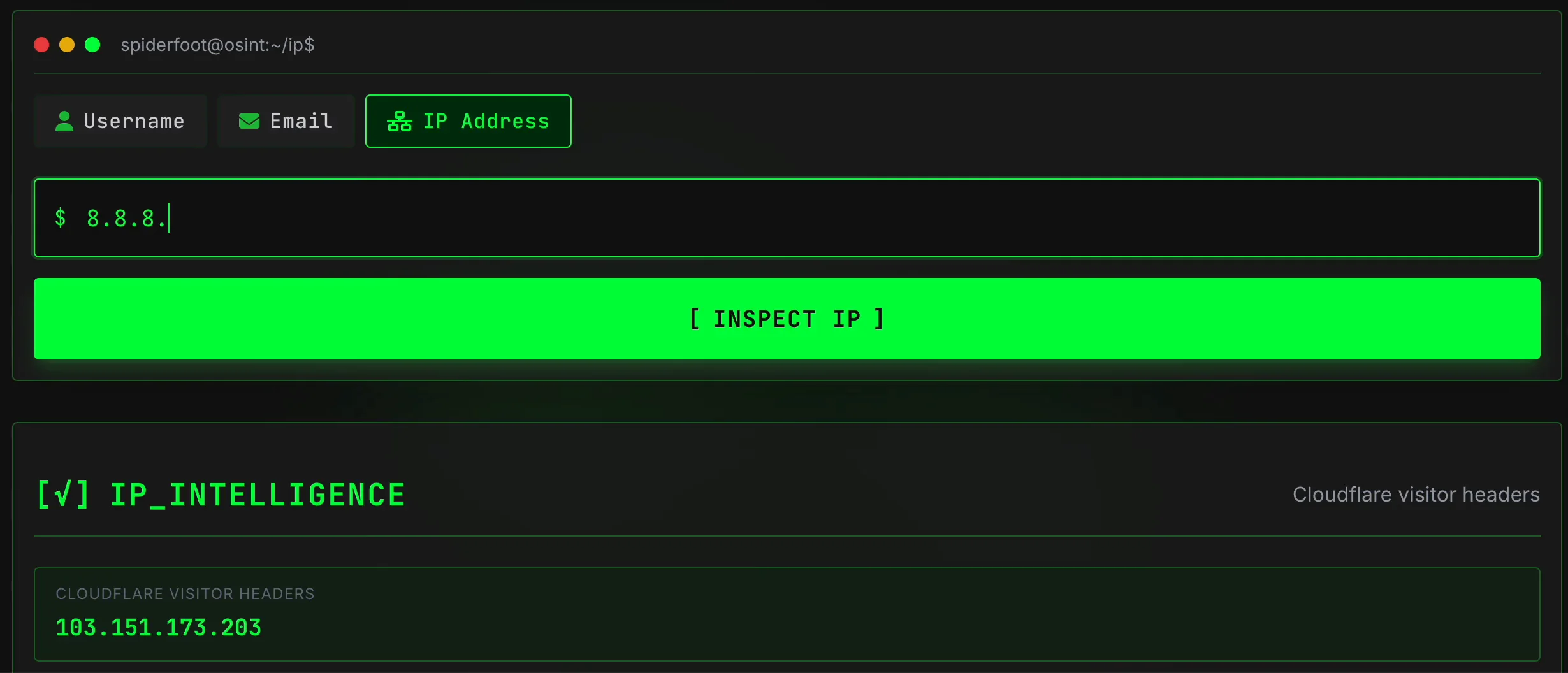 SpiderFoot.tools IP Address tab with 8.8.8.8 entered above the Inspect IP button