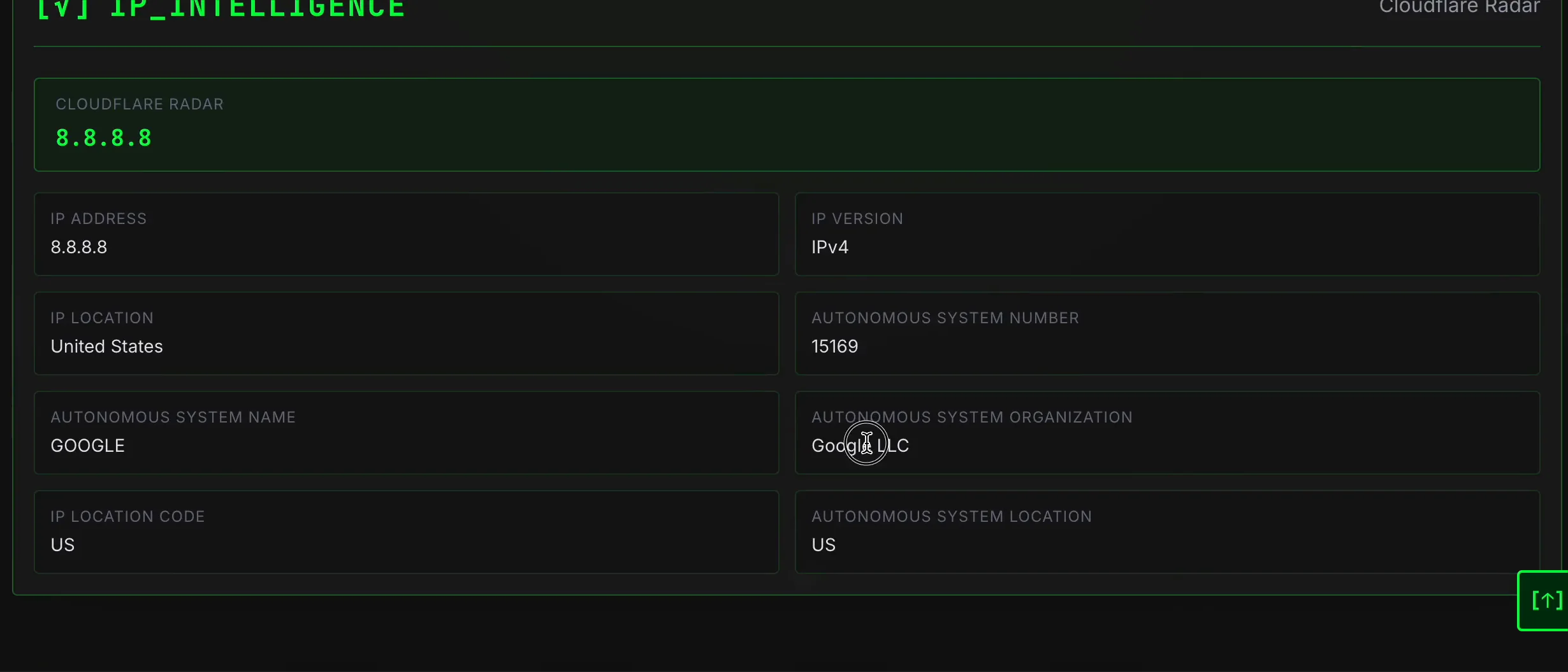 SpiderFoot.tools Cloudflare Radar result for 8.8.8.8 showing IPv4, ASN 15169, GOOGLE and Google LLC