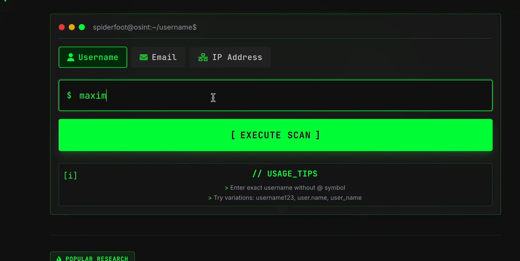 SpiderFoot.tools Username scanner with the maxim username entered and the Execute Scan button ready