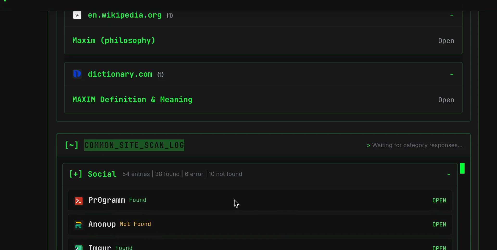 SpiderFoot.tools Common Site Scan Log showing a category summary with Found, Not Found and source rows