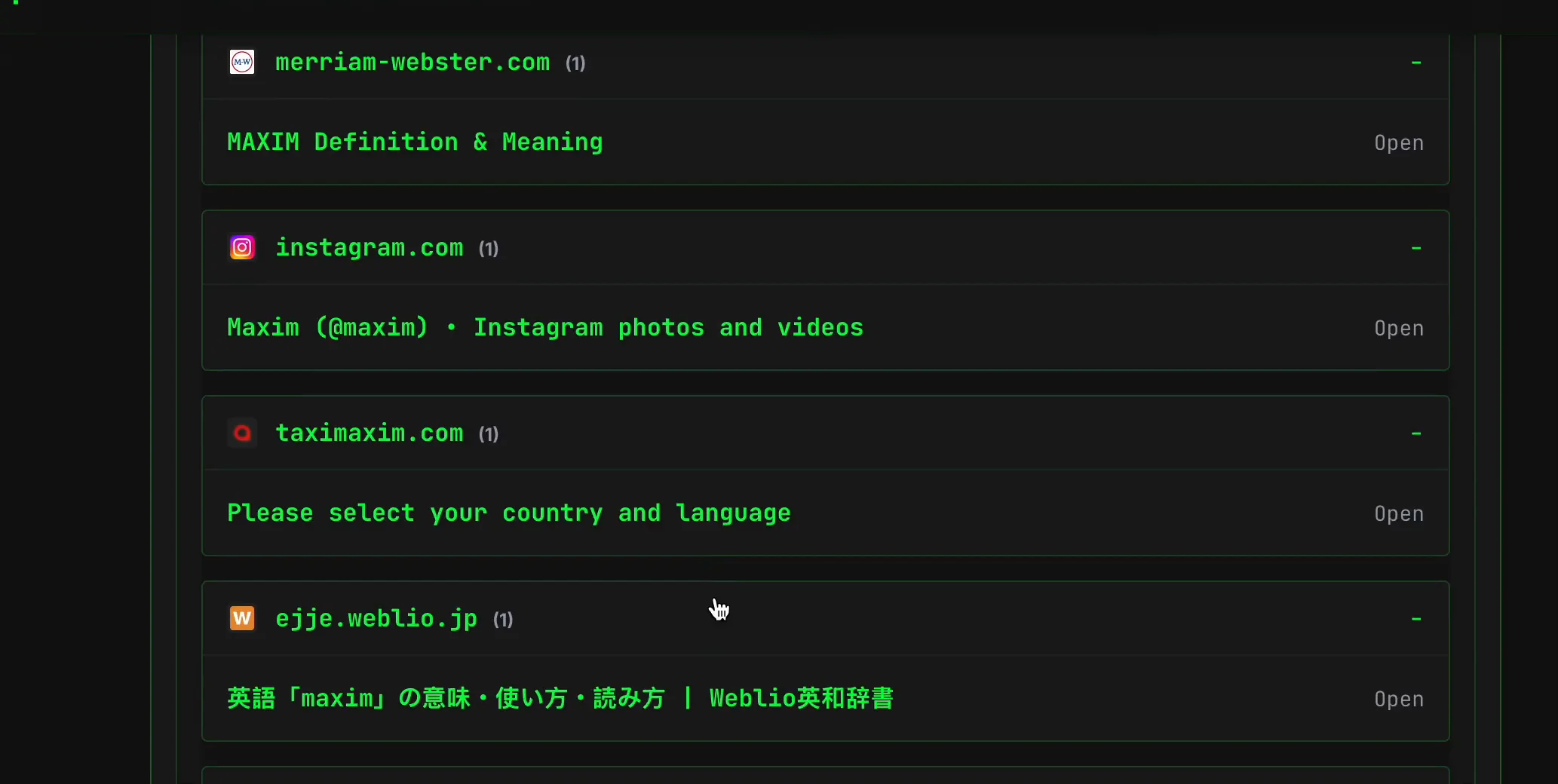 SpiderFoot.tools grouped search engine results for the username maxim showing both a profile lead and unrelated lexical results