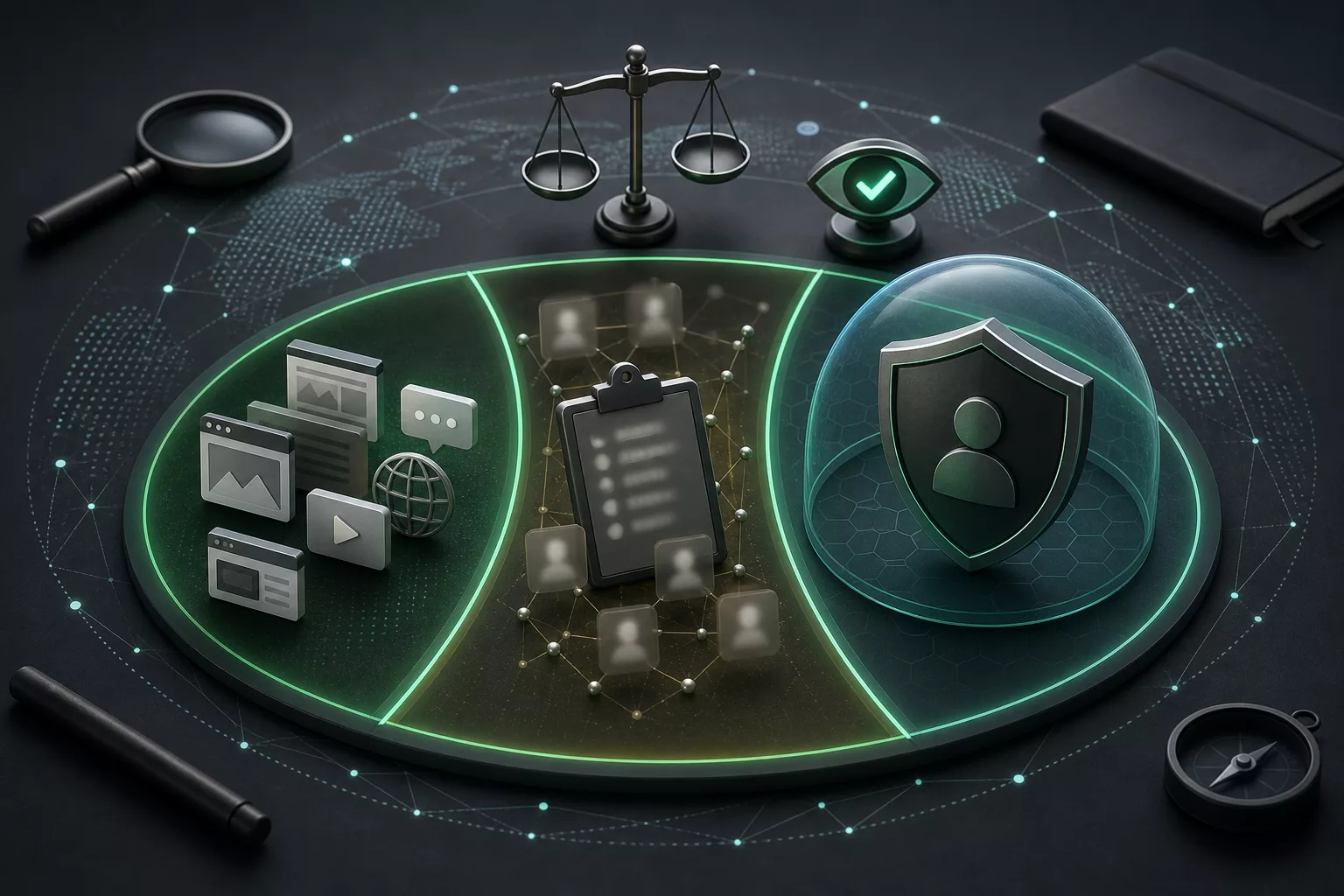 Conceptual illustration of public-data research boundaries, ethical review, and protected private information