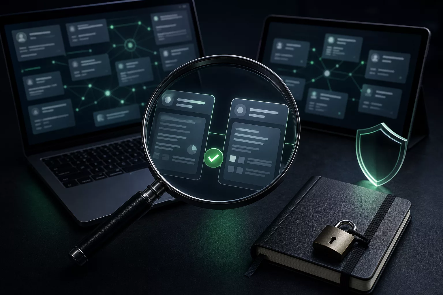 Conceptual illustration of verifying anonymized public research leads with a magnifying glass and shield