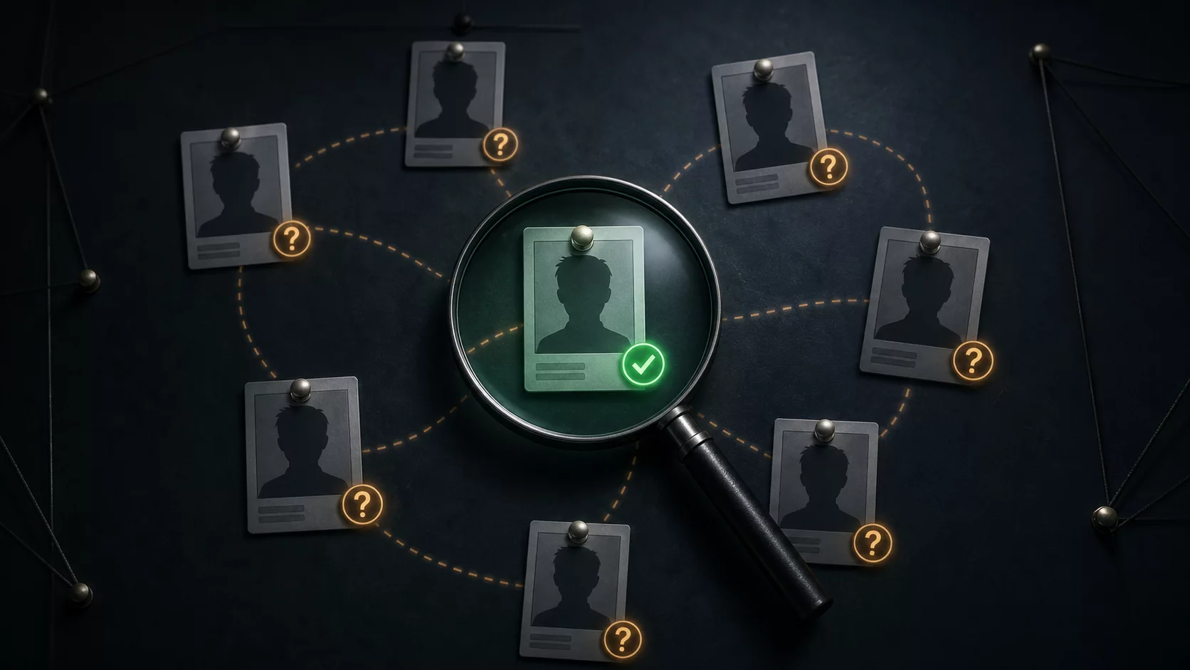 Conceptual illustration of several similar public profile cards that require verification before attribution