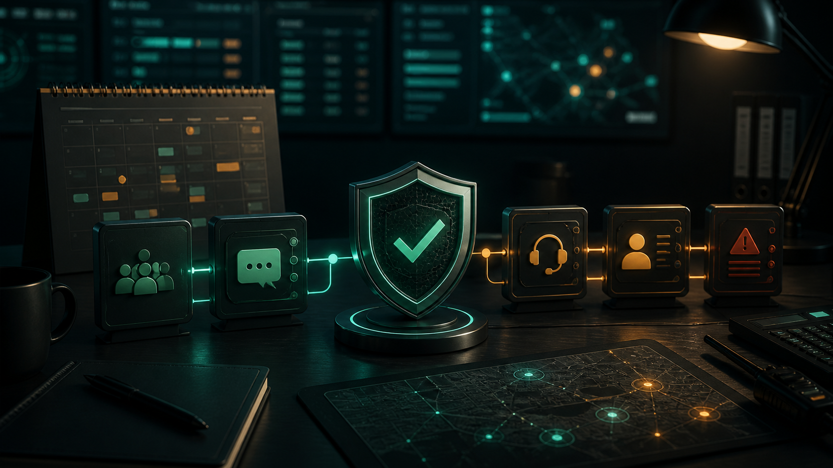 Conceptual event safety plan routing public communications and escalation through a protected workflow