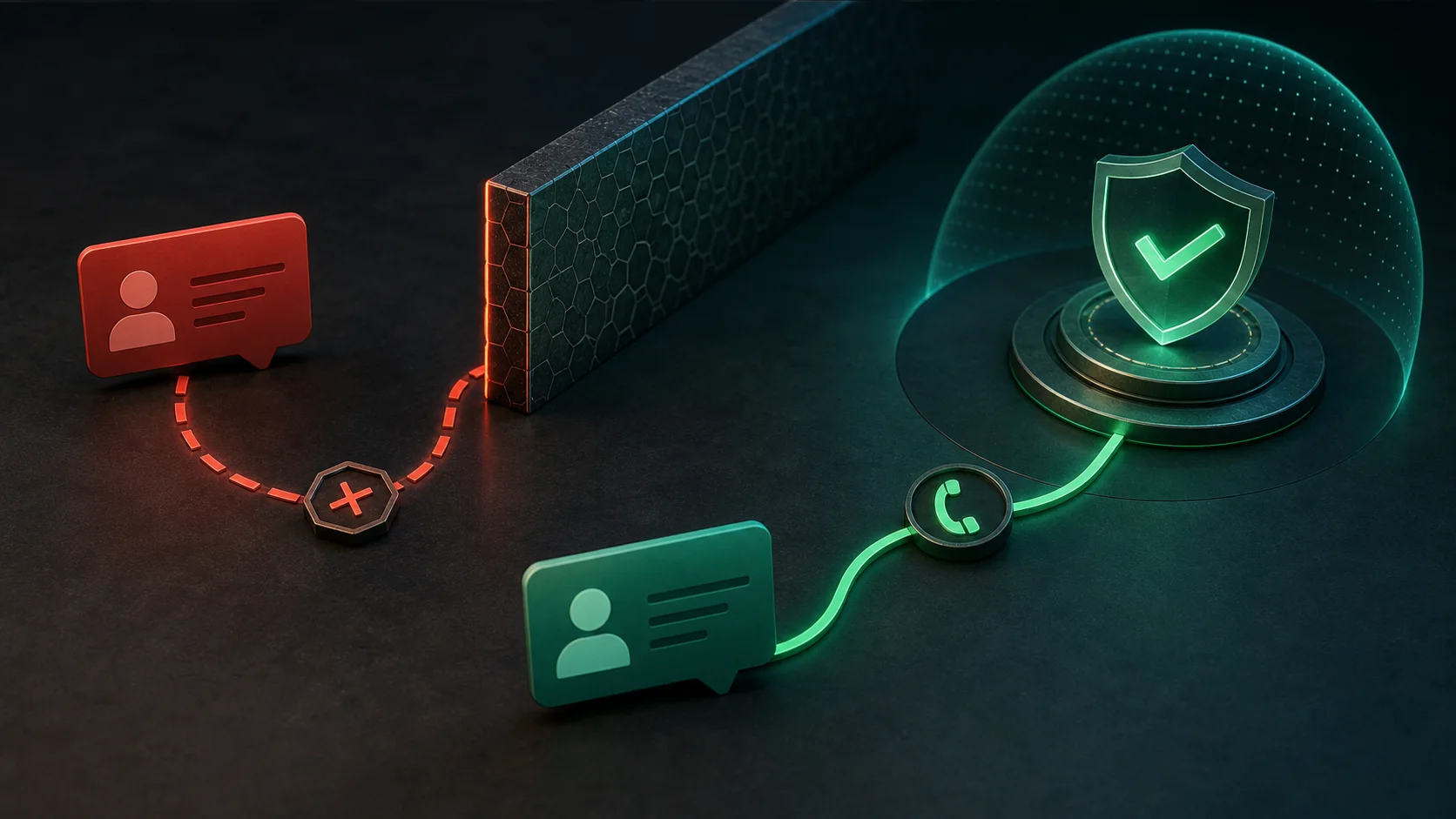 Conceptual workflow showing a suspicious public message being checked through an independent official channel