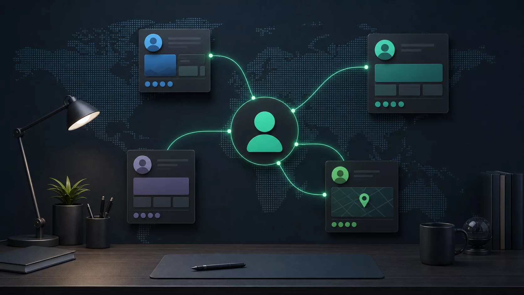 Conceptual map of a public username connecting to separate anonymous online profile cards