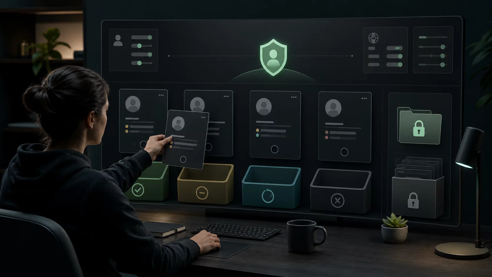 Conceptual illustration of reviewing anonymous public profile cards and choosing privacy actions